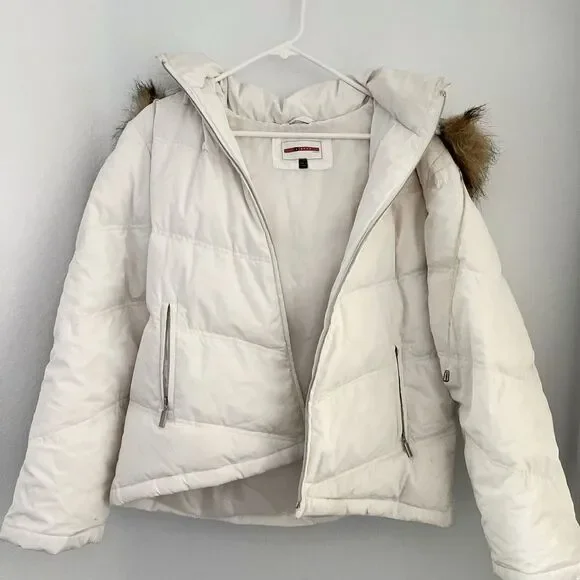 Giacca Puffer Jacket Winter Fur Lining White Brown Warm Coat Snow Jacket Size L - Picture 1 of 9